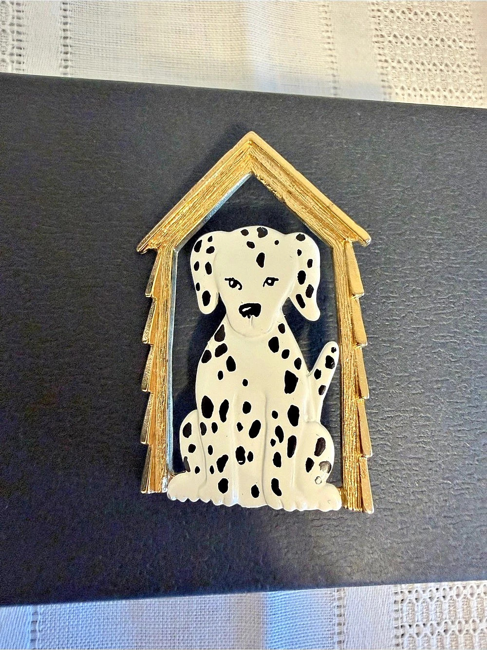 Jonette Jewelry (JJ) Vintage Dalmatian Dog in Doghouse Brooch ) Gold & White